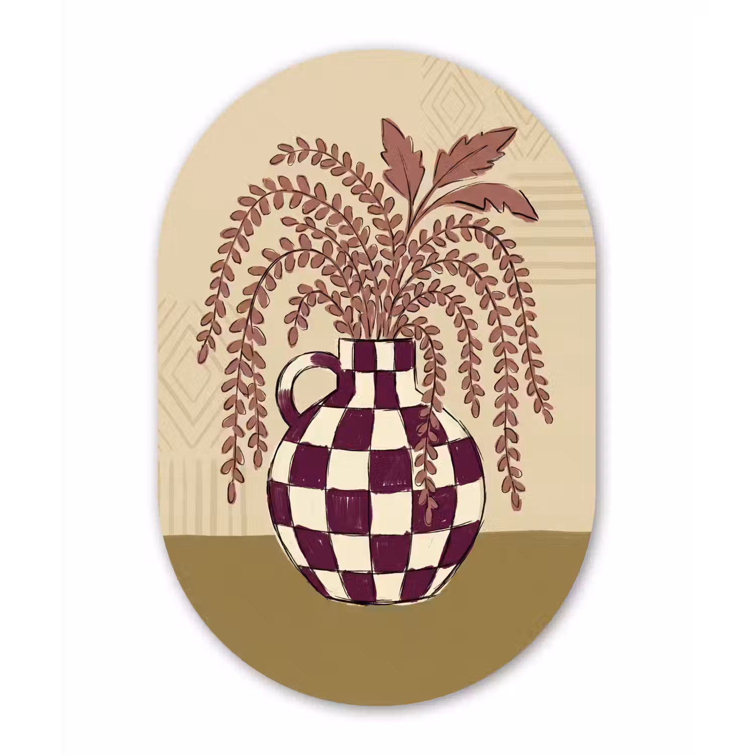Vaas - Geruit - Planten - Modern - Paars Wandcirkel Ovaal Aluminium middel -3d