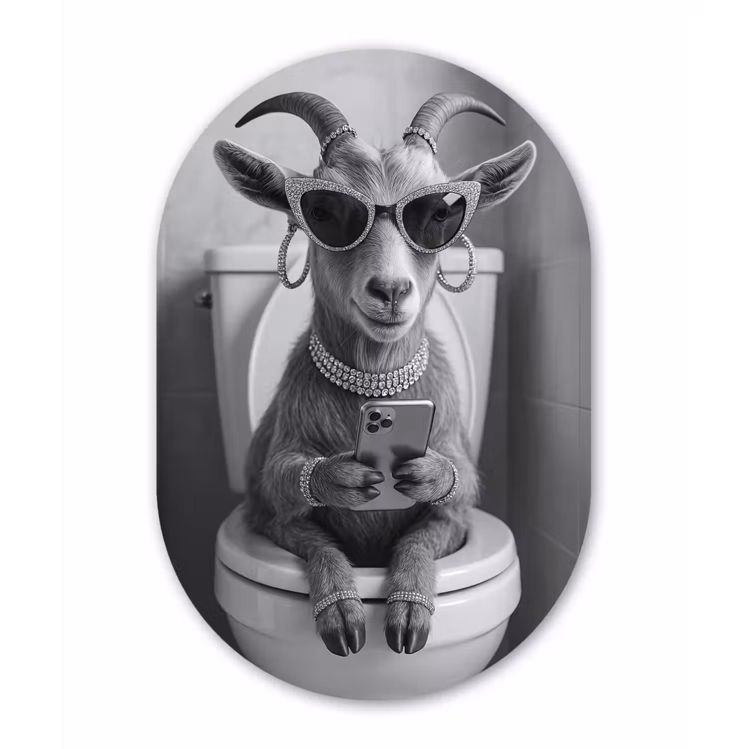 Geit - Telefoon - Toilet - Zwart - Wit Wandcirkel Ovaal Aluminium middel -3d