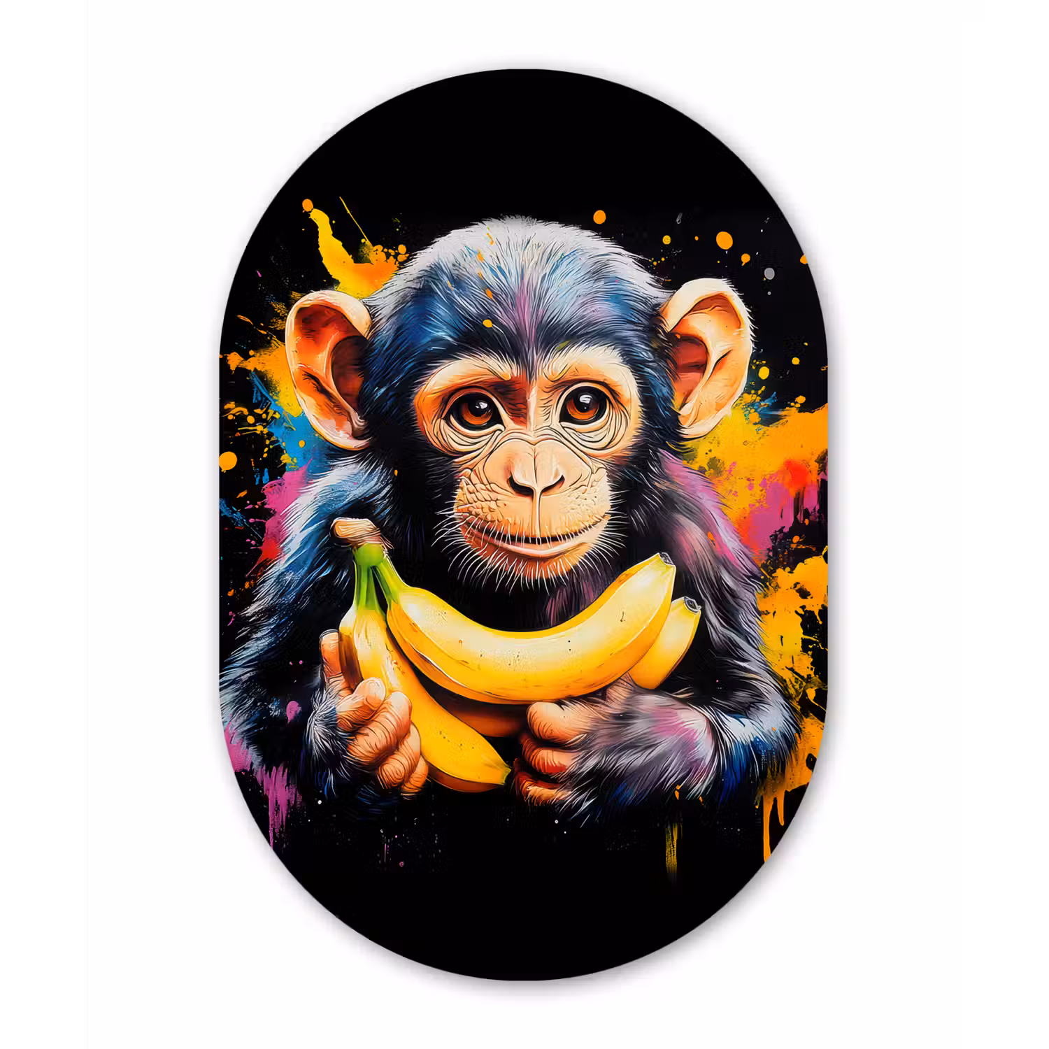 Aap - Graffiti - Kleurrijk - Bananen - Modern Wandcirkel Ovaal Glas middel -3d
