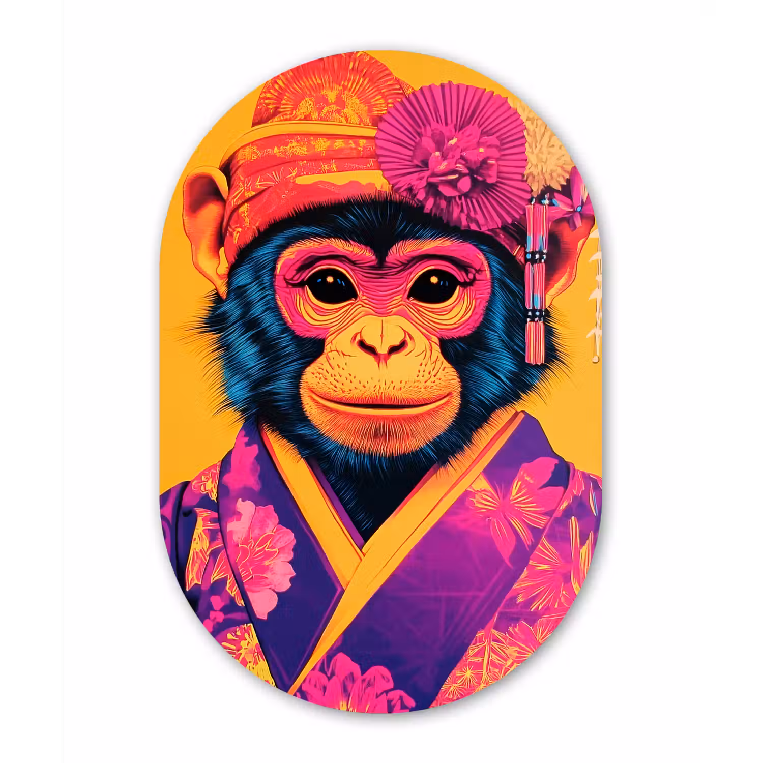 Aap - Kimono - Bloemen - Hoofdtooi Wandcirkel Ovaal Glas middel -3d