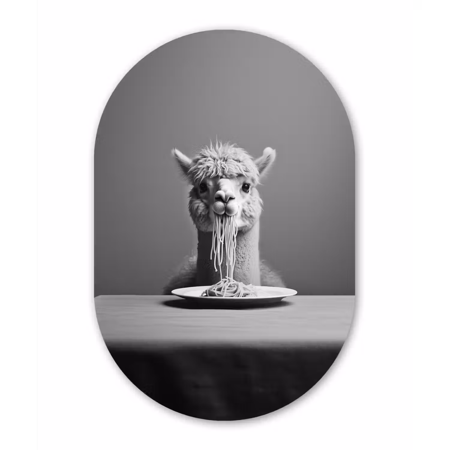 Alpaca - Pasta - Zwart - Wit - Grappig - Dieren Wandcirkel Ovaal Glas middel -3d