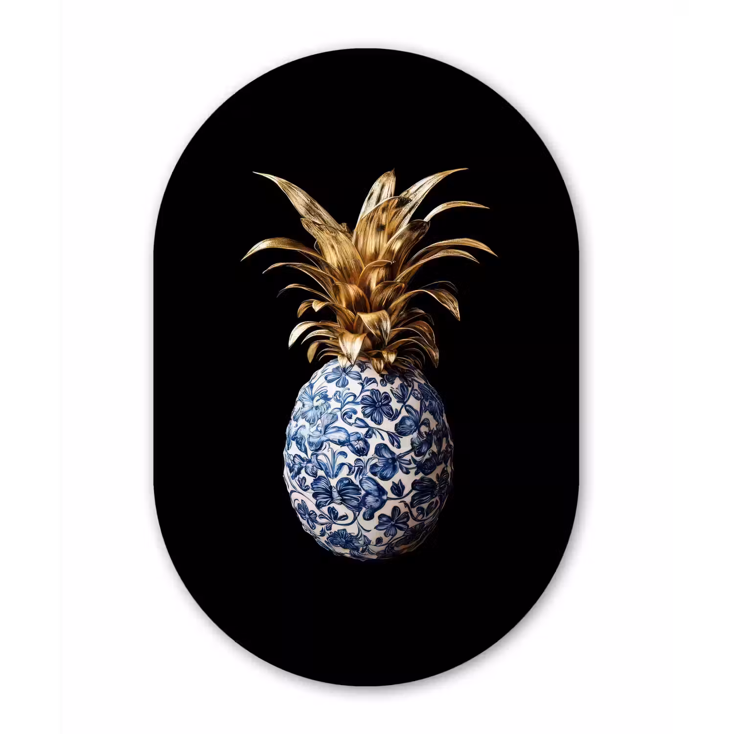 Ananas - Bloemen patroon - Goud - Delftsblauw Wandcirkel Ovaal Glas middel -3d
