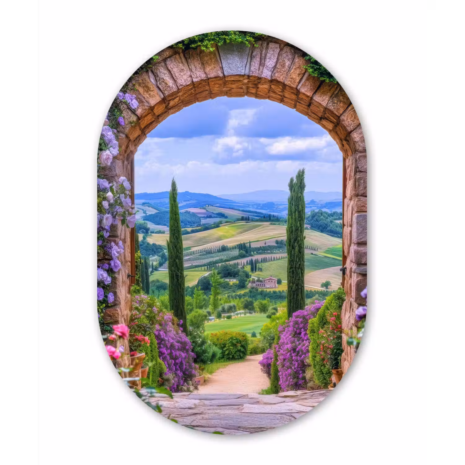 Doorkijk - Toscane - Landschap - Poort Wandcirkel Ovaal Glas middel -3d