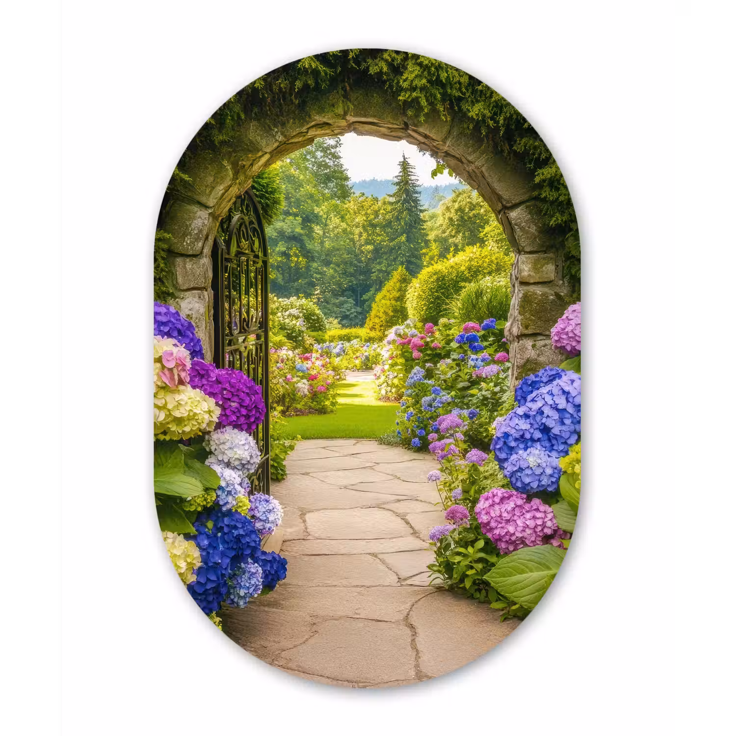Doorkijk - Poort - Hortensia - Bloementuin Wandcirkel Ovaal Glas middel -3d
