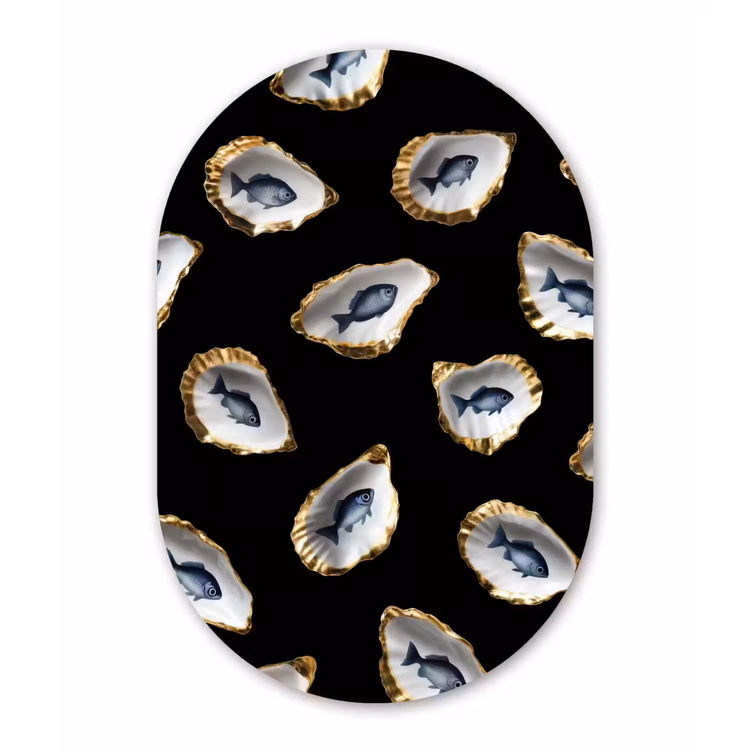 Oesters - Vissen - Blauw - Goud Wandcirkel Ovaal Glas middel -3d
