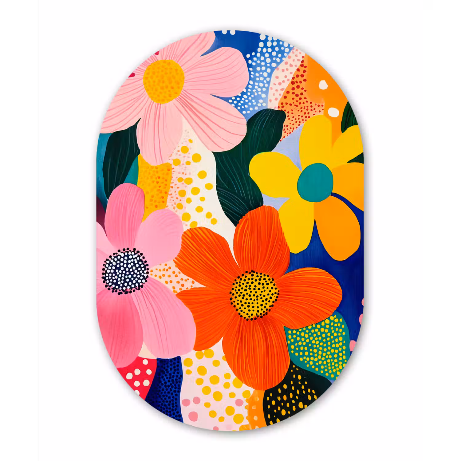 Bloemen - Kleurrijk - Stippen Wandcirkel Ovaal Glas middel -3d