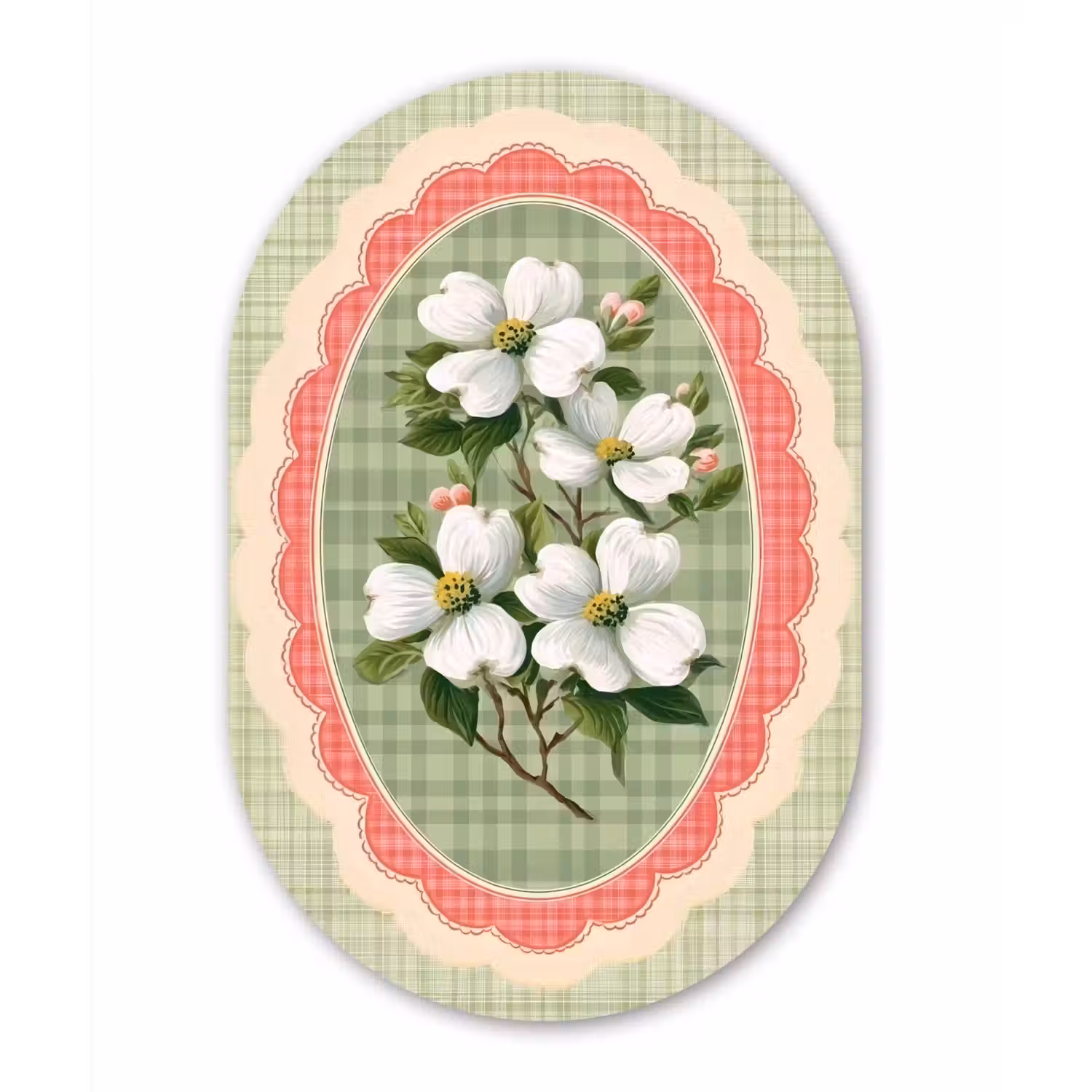 Bloemen - Illustratie - Geruit - Groen Wandcirkel Ovaal Glas middel -3d