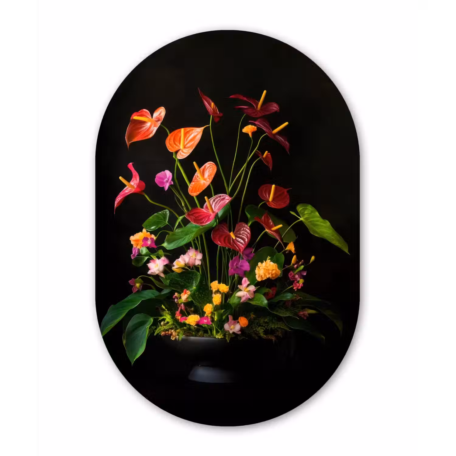 Bloemen - Vaas - Kleurrijk Wandcirkel Ovaal Glas middel -3d