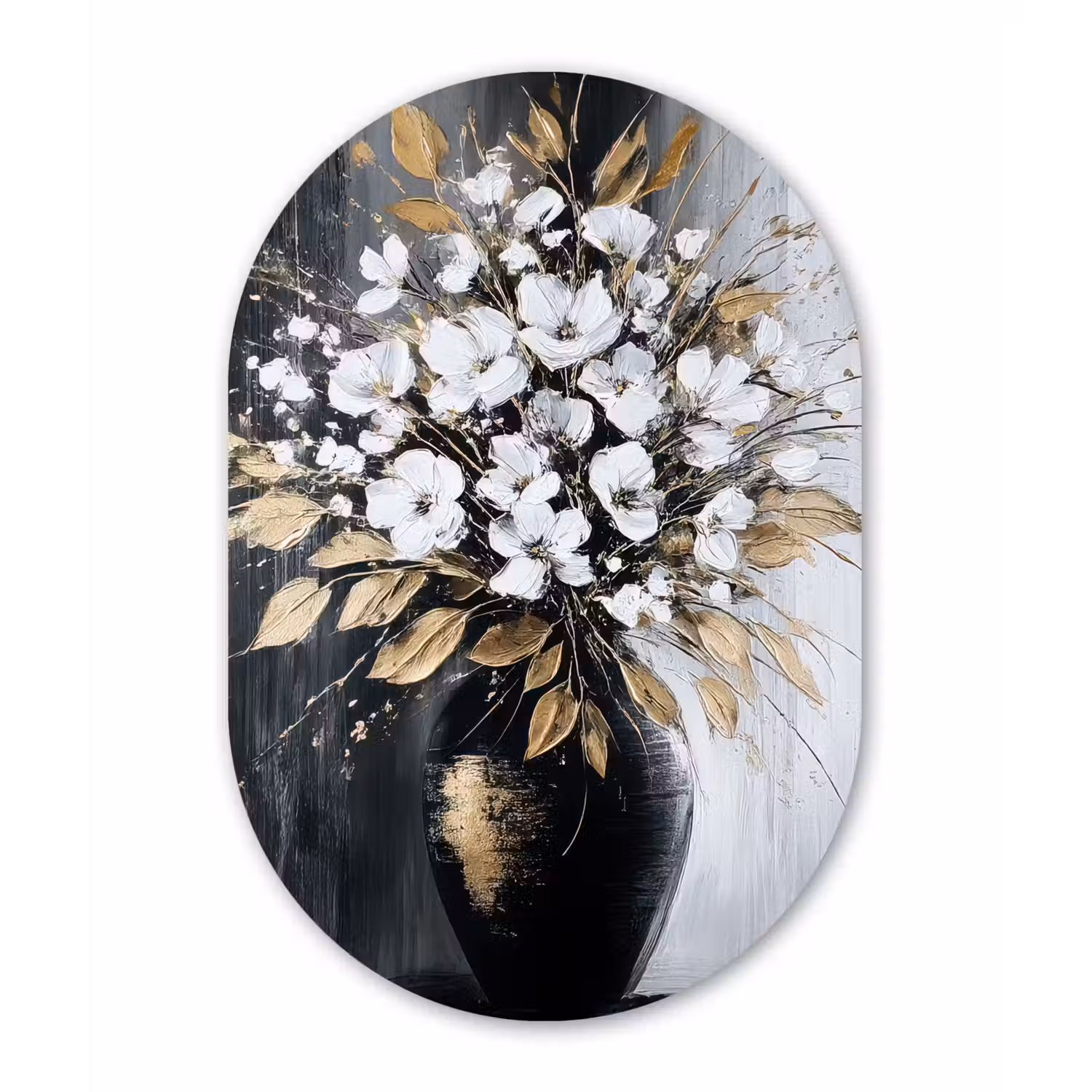 Bloemen - Wit - Vaas - Abstract Wandcirkel Ovaal Glas middel -3d