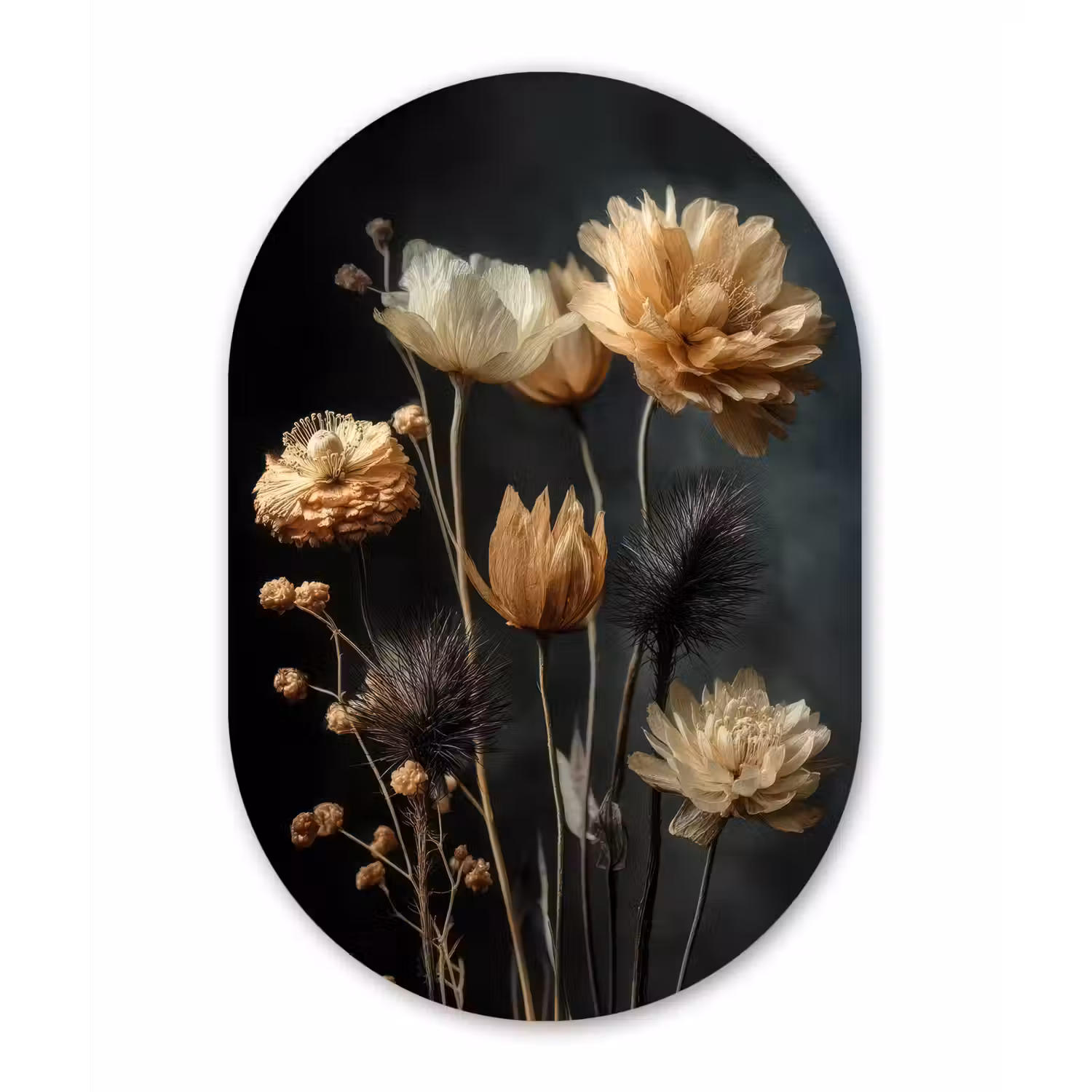 Boeket - Bloemen - Licht - Zwart Wandcirkel Ovaal Glas middel -3d