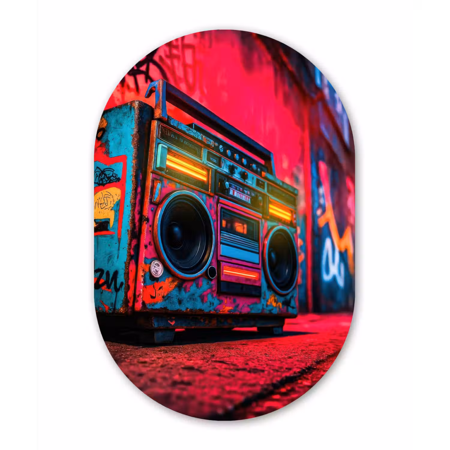 Boombox - Rood - Graffiti - Neon Wandcirkel Ovaal Glas middel -3d