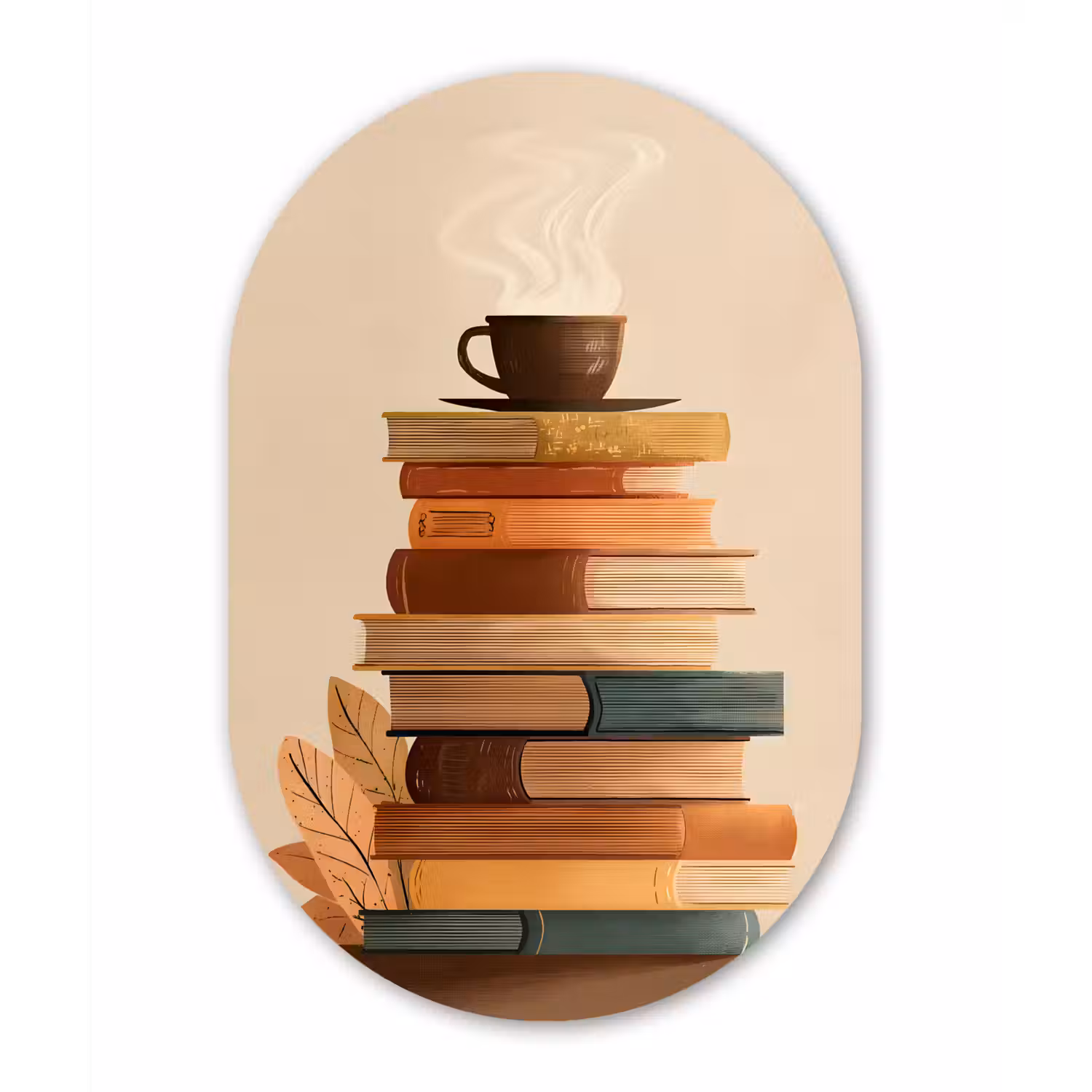 Boeken - Toren - Koffie - Beige Wandcirkel Ovaal Glas middel -3d