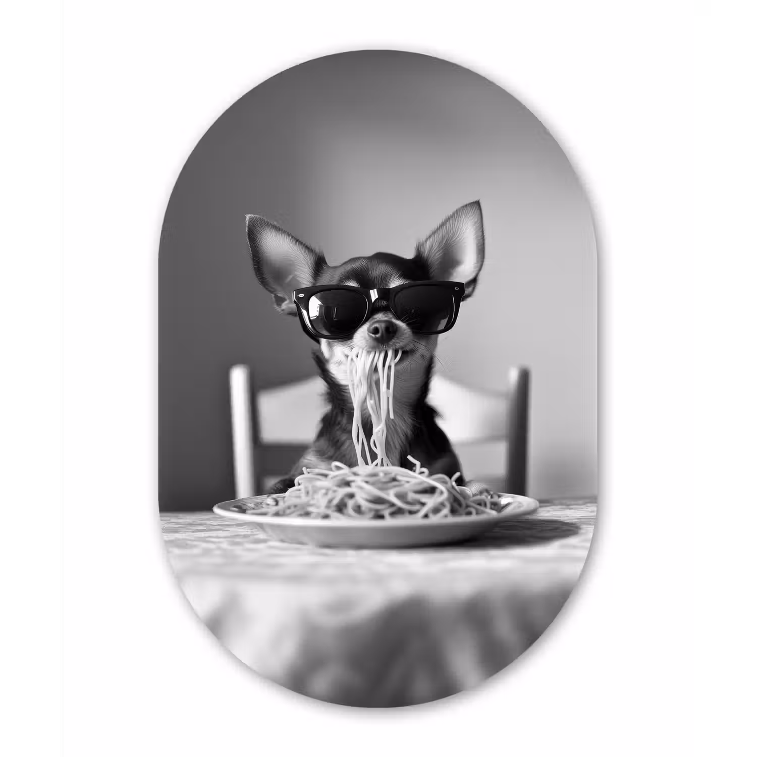Chihuahua - Hond - Zonnebril - Humoristisch - Zwart - Wit - Spaghetti Wandcirkel Ovaal Glas middel -3d