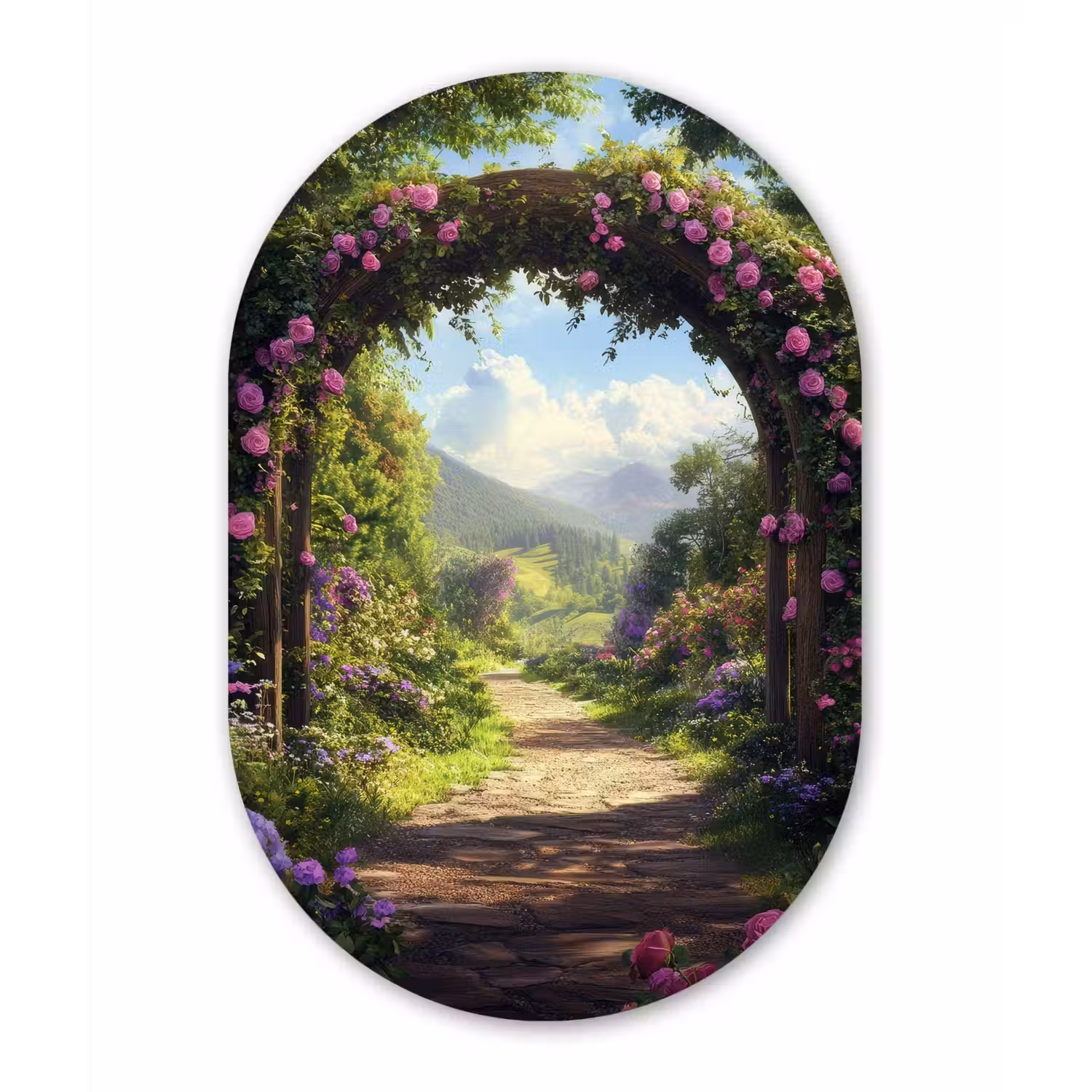 Doorkijk - Rozenboog - Uitzicht - Landschap - Bloemen Wandcirkel Ovaal Glas middel -3d