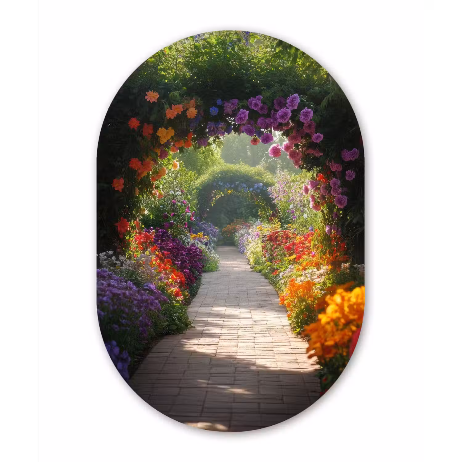 Doorkijk - Pad - Bloemen - Struik - Kleurrijk Wandcirkel Ovaal Glas middel -3d