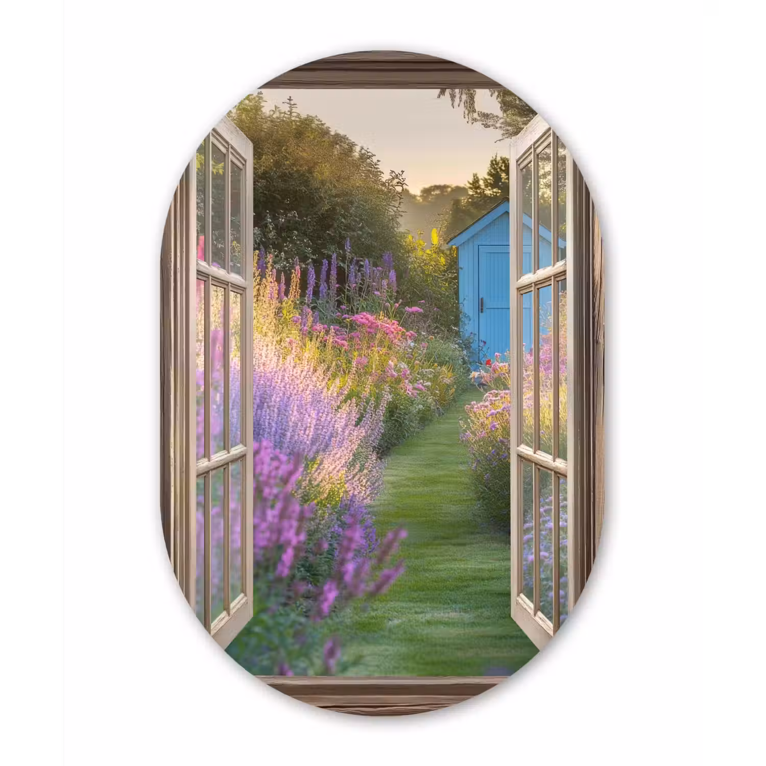 Doorkijk - Bloemen - Raam - Natuur Wandcirkel Ovaal Glas middel -3d
