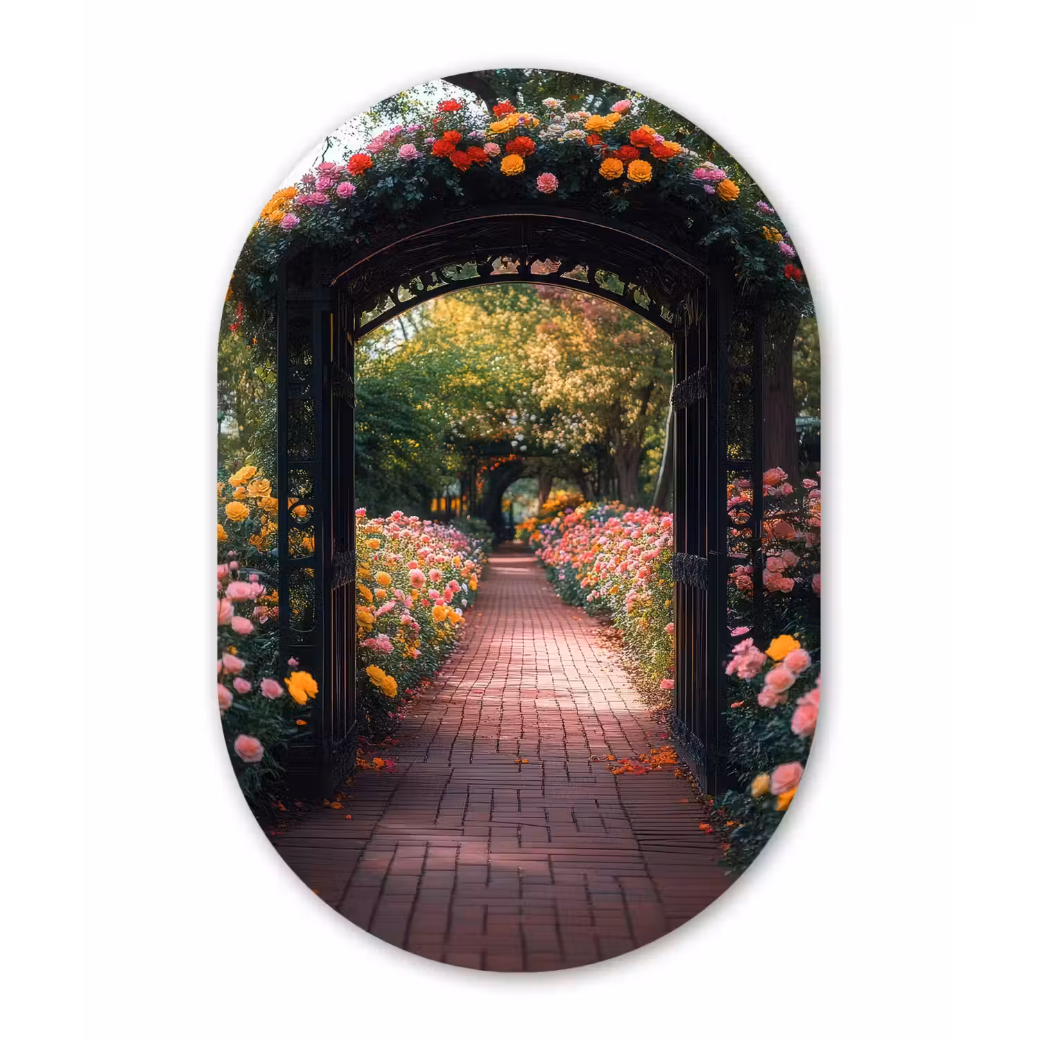 Doorkijk - Bloemen - Pad - Natuur - Kleurrijk Wandcirkel Ovaal Glas middel -3d