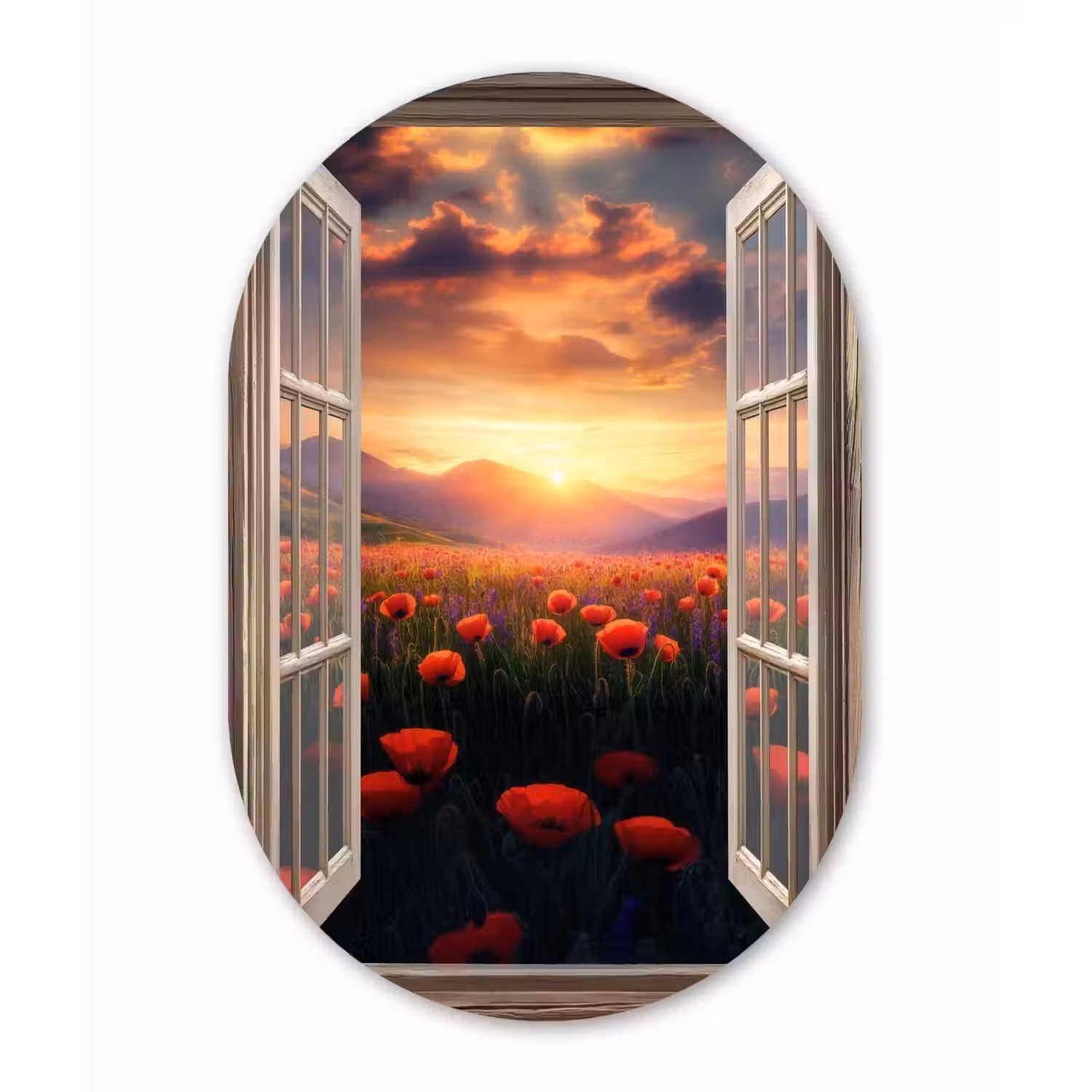 Doorkijk - Klaprozen - Bloemen - Rood - Open raam Wandcirkel Ovaal Glas middel -3d