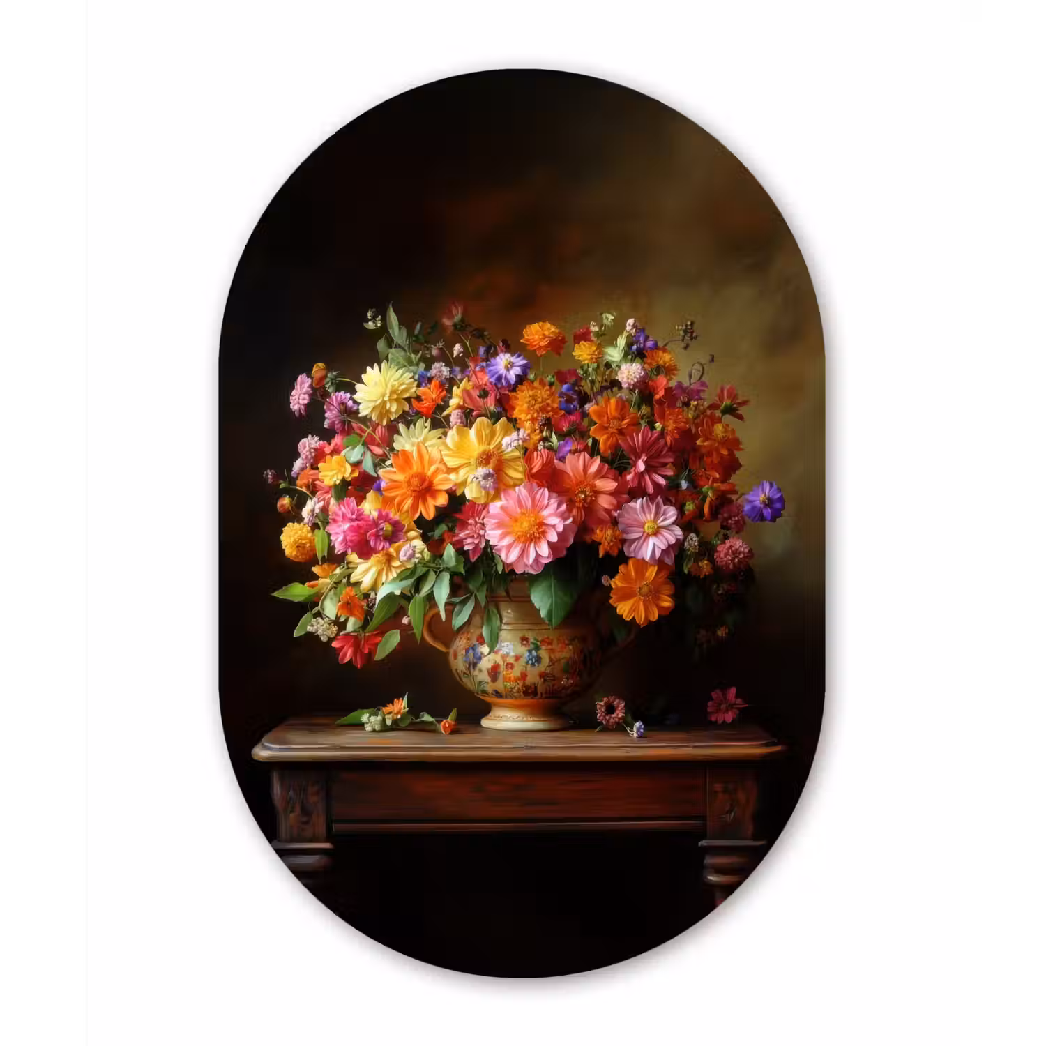 Kleuren - Boeket - Vaas - Hout Wandcirkel Ovaal Glas middel -3d