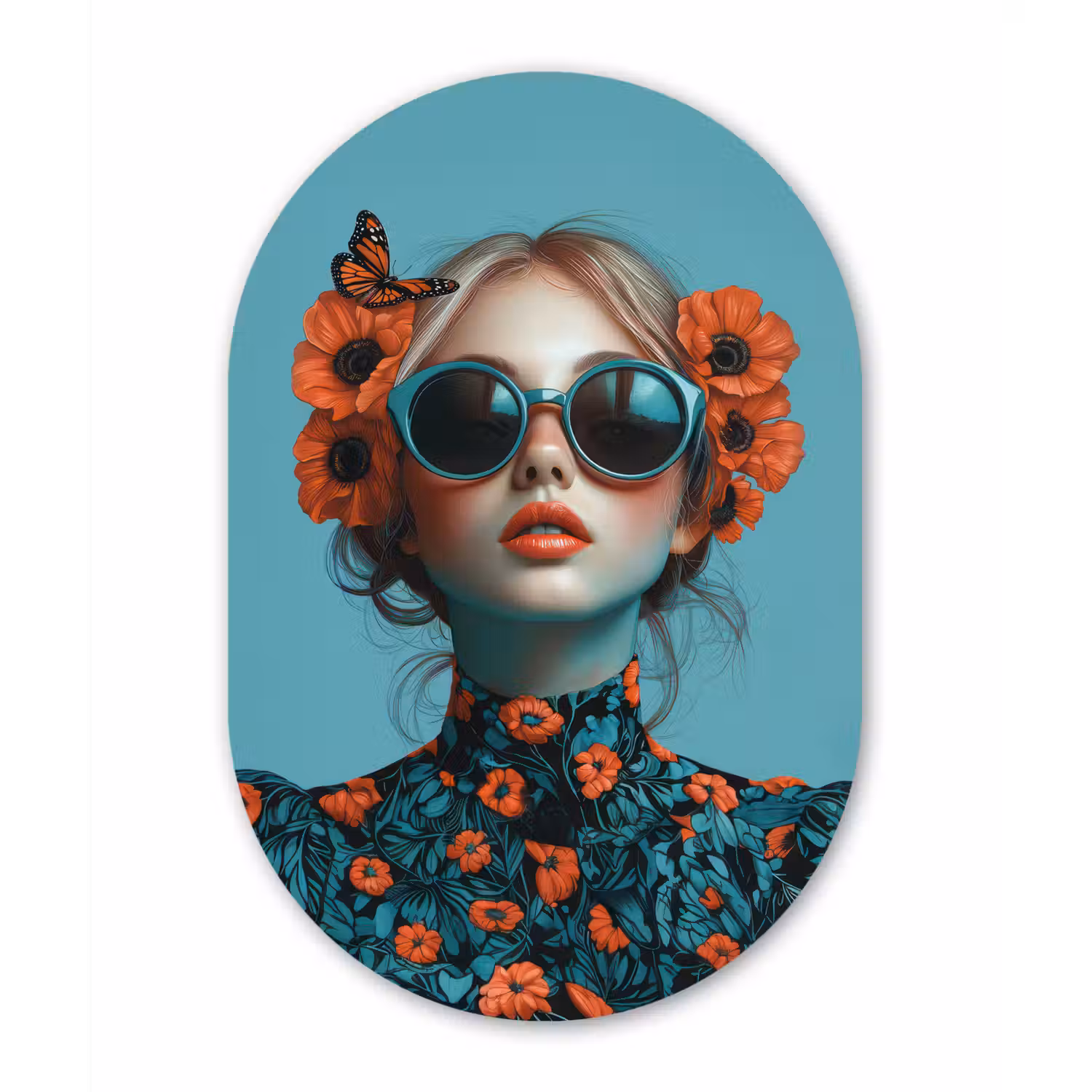 Vrouw - Blauw - Vlinder - Bloemen - Aesthetic Wandcirkel Ovaal Glas middel -3d