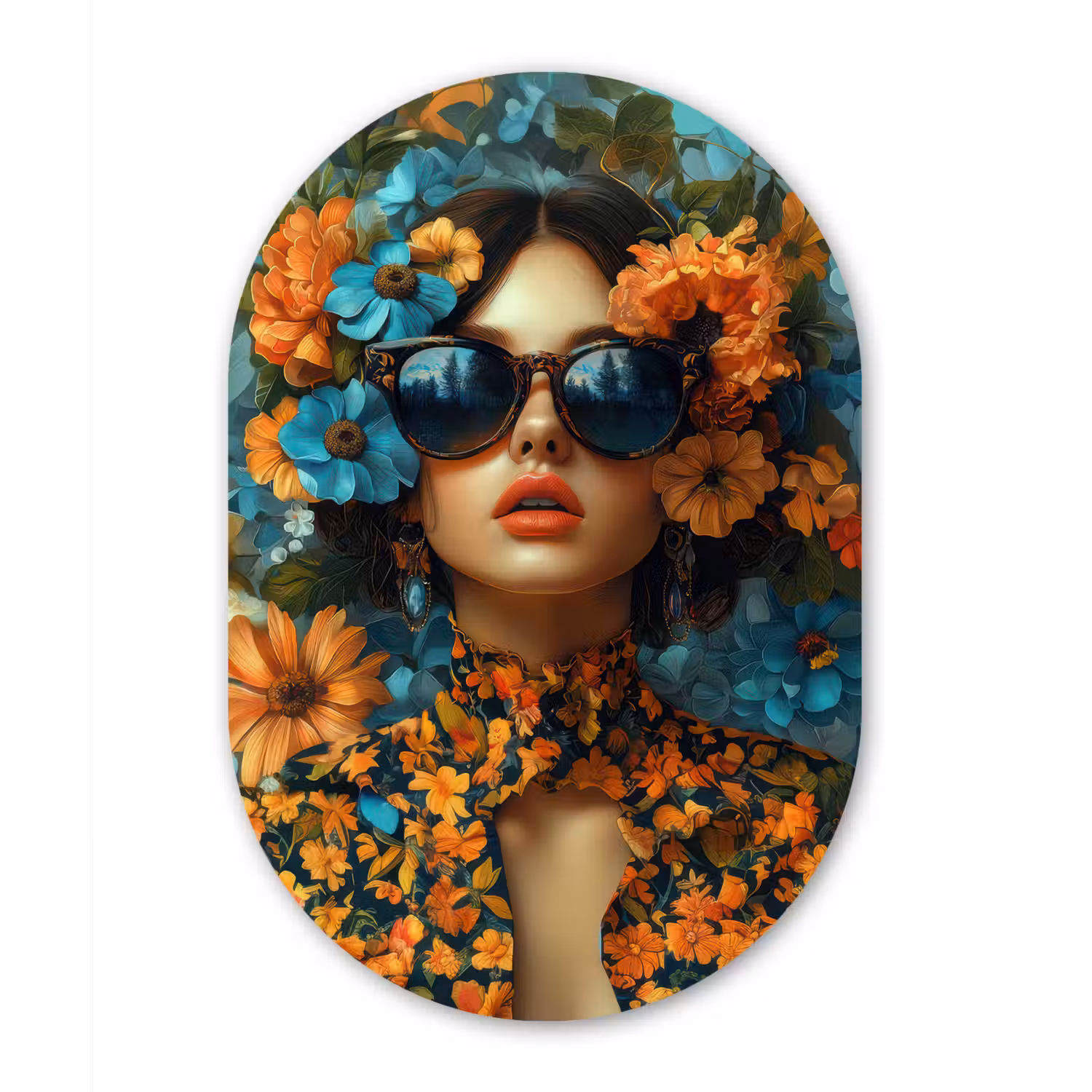 Vrouw - Bloemen - Oranje - Blauw - Modern Wandcirkel Ovaal Glas middel -3d