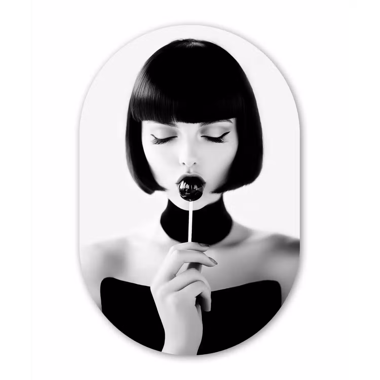 Vrouw - Lolly - Zwart - Wit Wandcirkel Ovaal Glas middel -3d