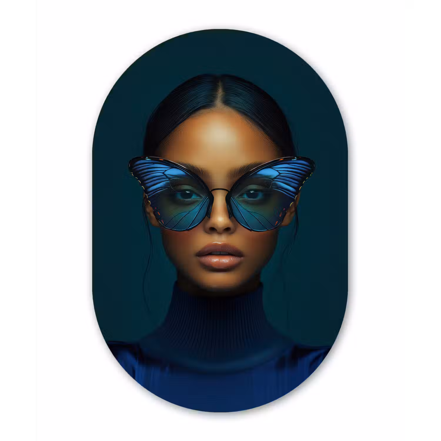 Vrouw - Vlinder - Bril - Blauw - Modern - Portret Wandcirkel Ovaal Glas middel -3d