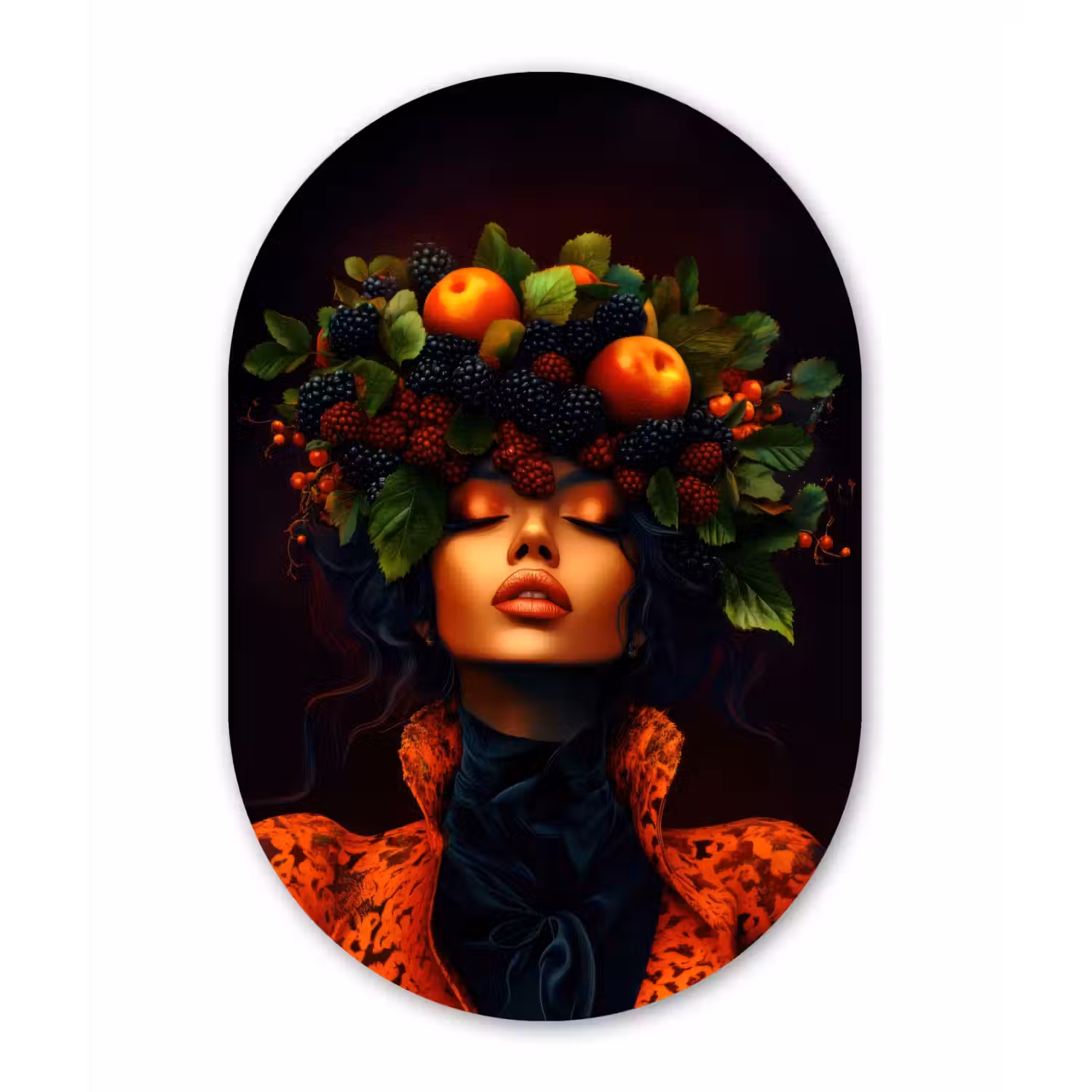 Vrouw - Zwart - Bessen - Bramen - Appels Wandcirkel Ovaal Glas middel -3d
