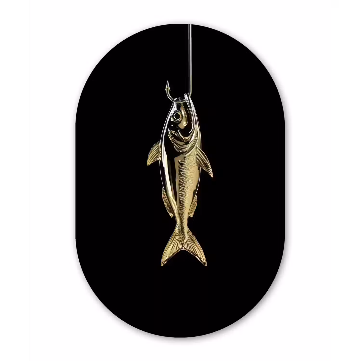 Goud - Vis - Haak - Zwart Wandcirkel Ovaal Glas middel -3d