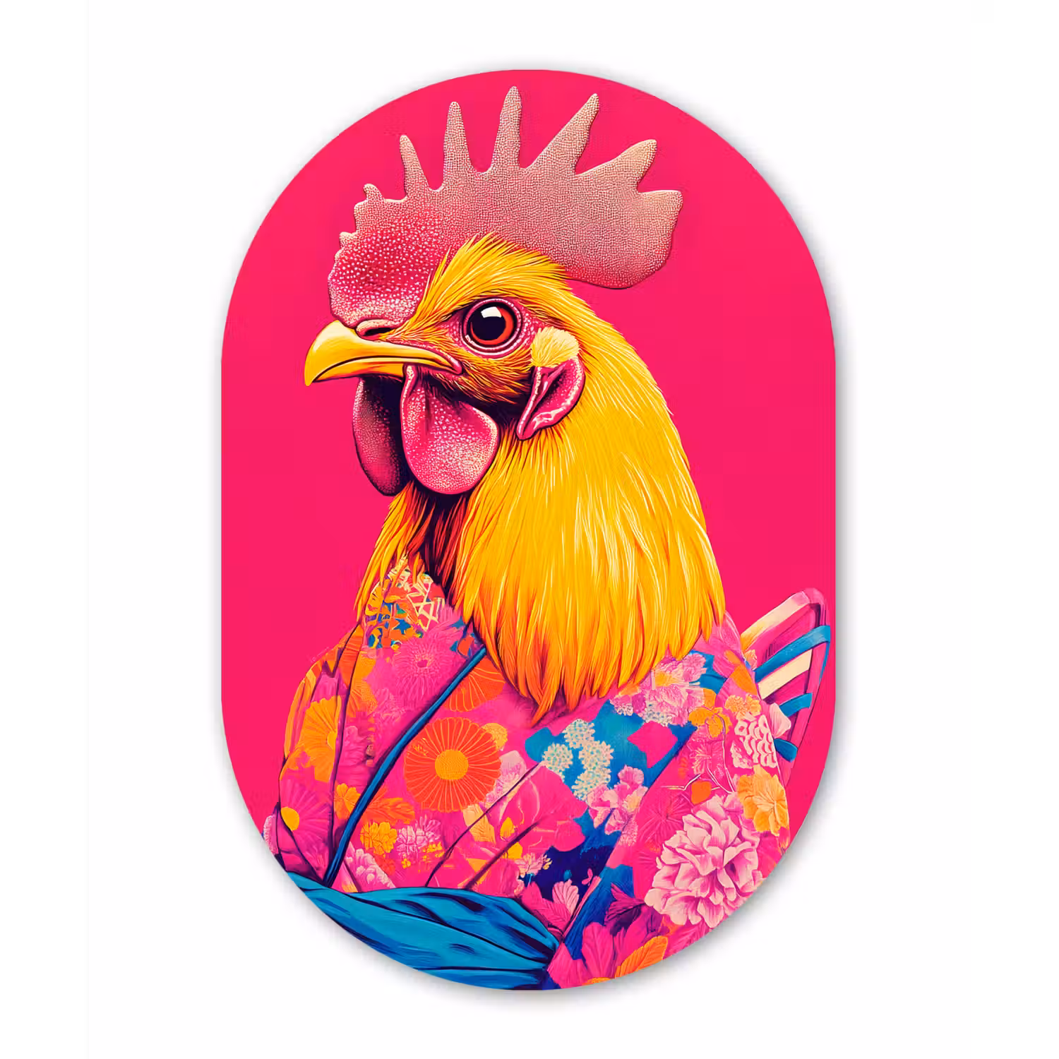 Haan - Kleurrijk - Kimono - Roze Wandcirkel Ovaal Glas middel -3d