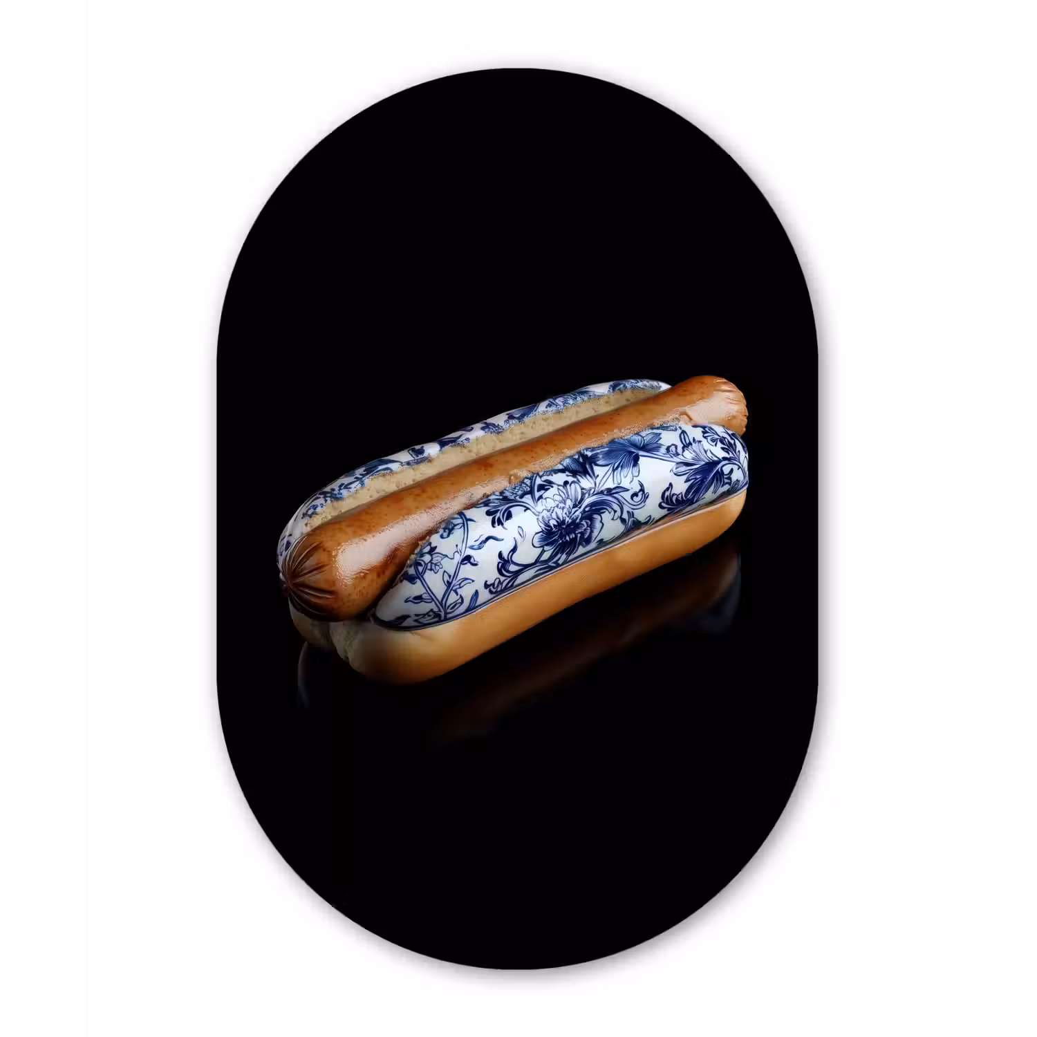 Hotdog - Porselein - Delfts blauw - Eten Wandcirkel Ovaal Glas middel -3d