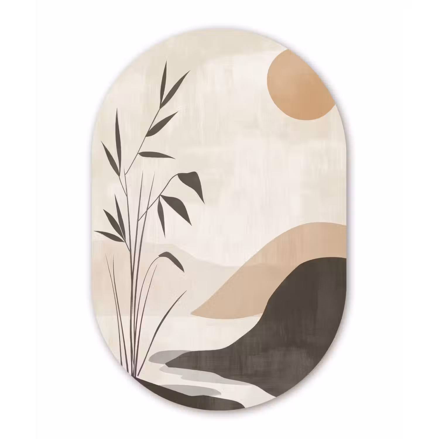 Japandi - Landschap - Beige Wandcirkel Ovaal Glas middel -3d
