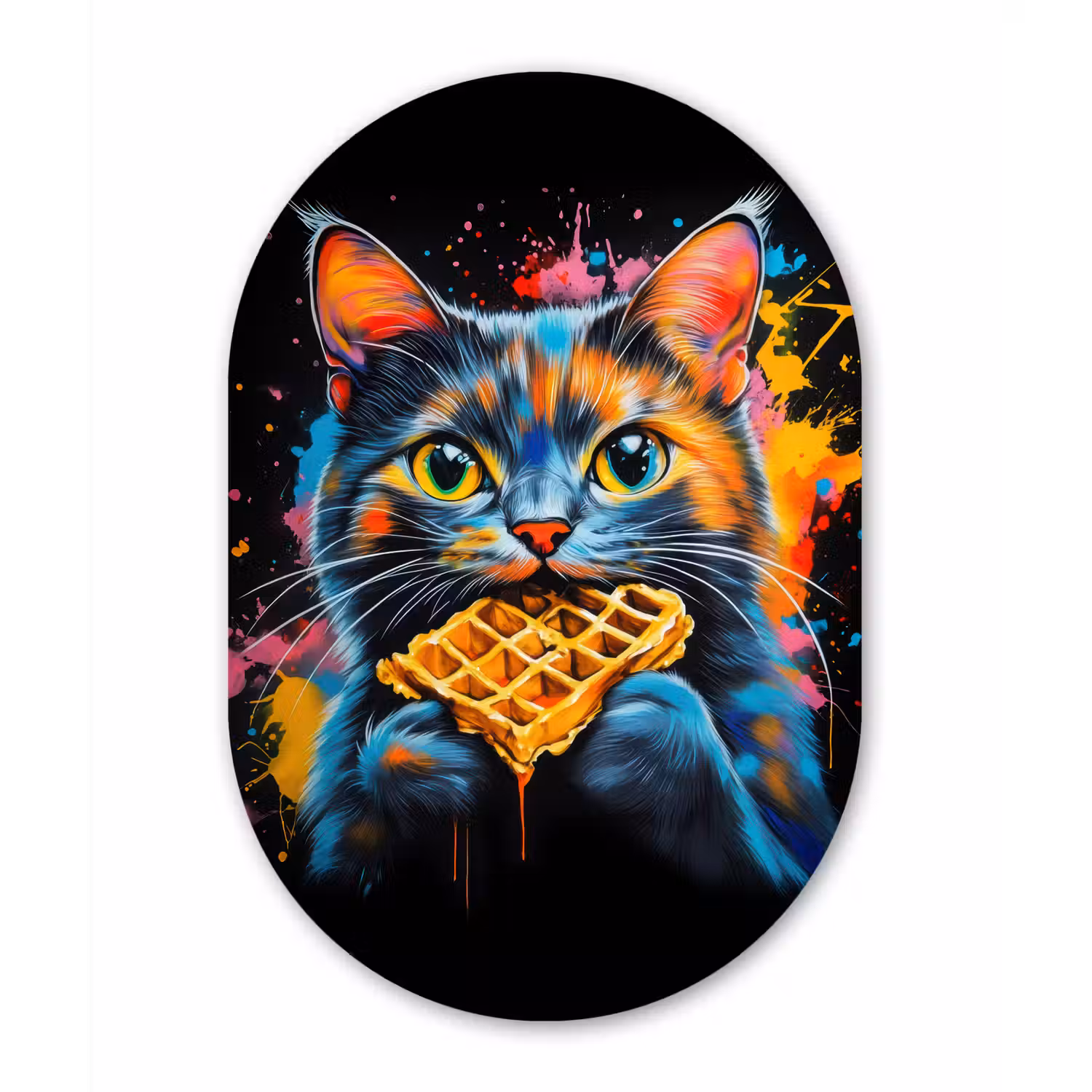 Kat - Graffiti - Kleurrijk - Wafel - Eten Wandcirkel Ovaal Glas middel -3d