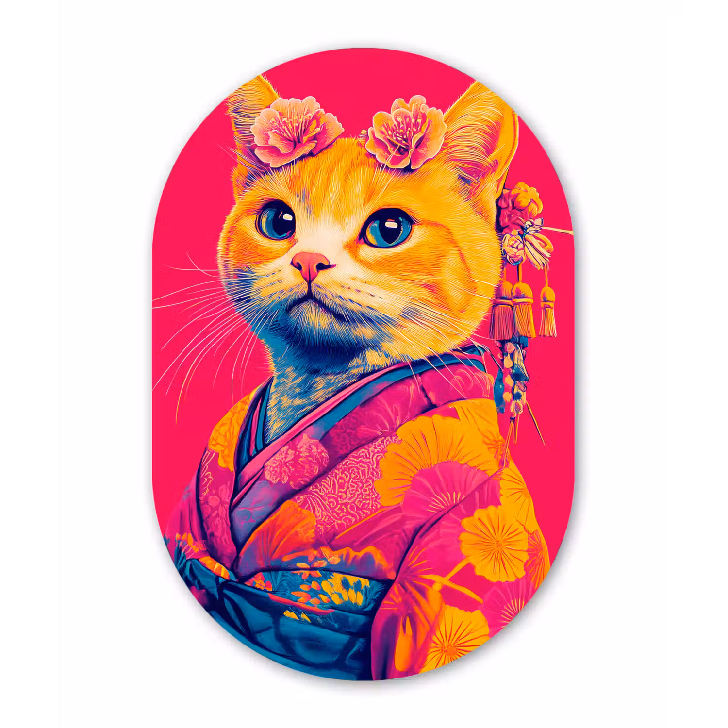 Kat - Kimono - Bloemen - Roze Wandcirkel Ovaal Glas middel -3d