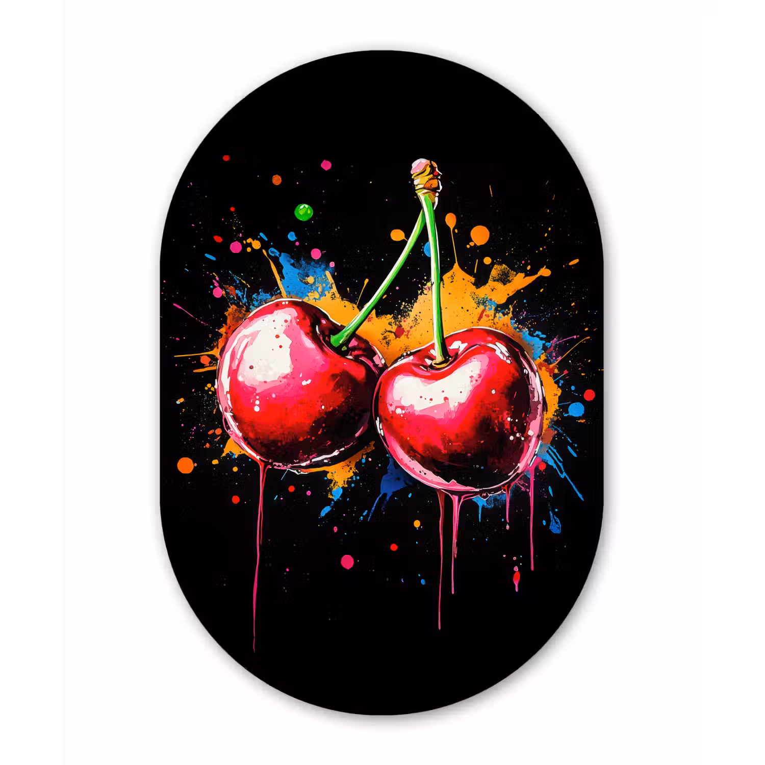 Kersen - Fruit - Graffiti - Verf - Abstract - Modern - Kleurrijk Wandcirkel Ovaal Glas middel -3d