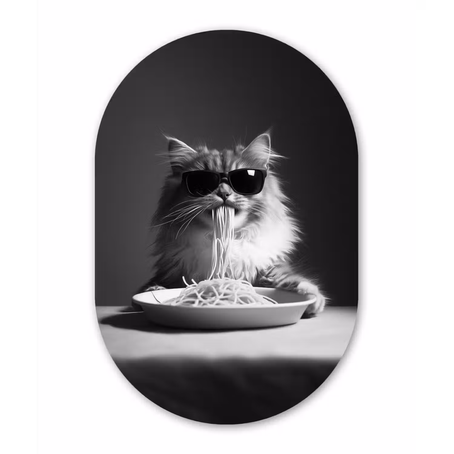 Langharige kat - Zonnebril - Spaghetti - Humor - Zwart - wit Wandcirkel Ovaal Glas middel -3d
