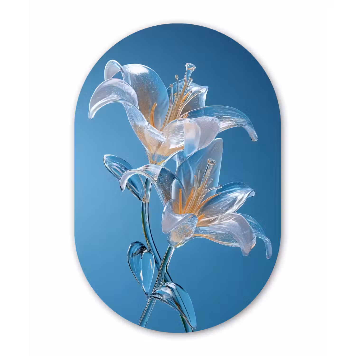Lelies - Blauw - Glazen Wandcirkel Ovaal Glas middel -3d