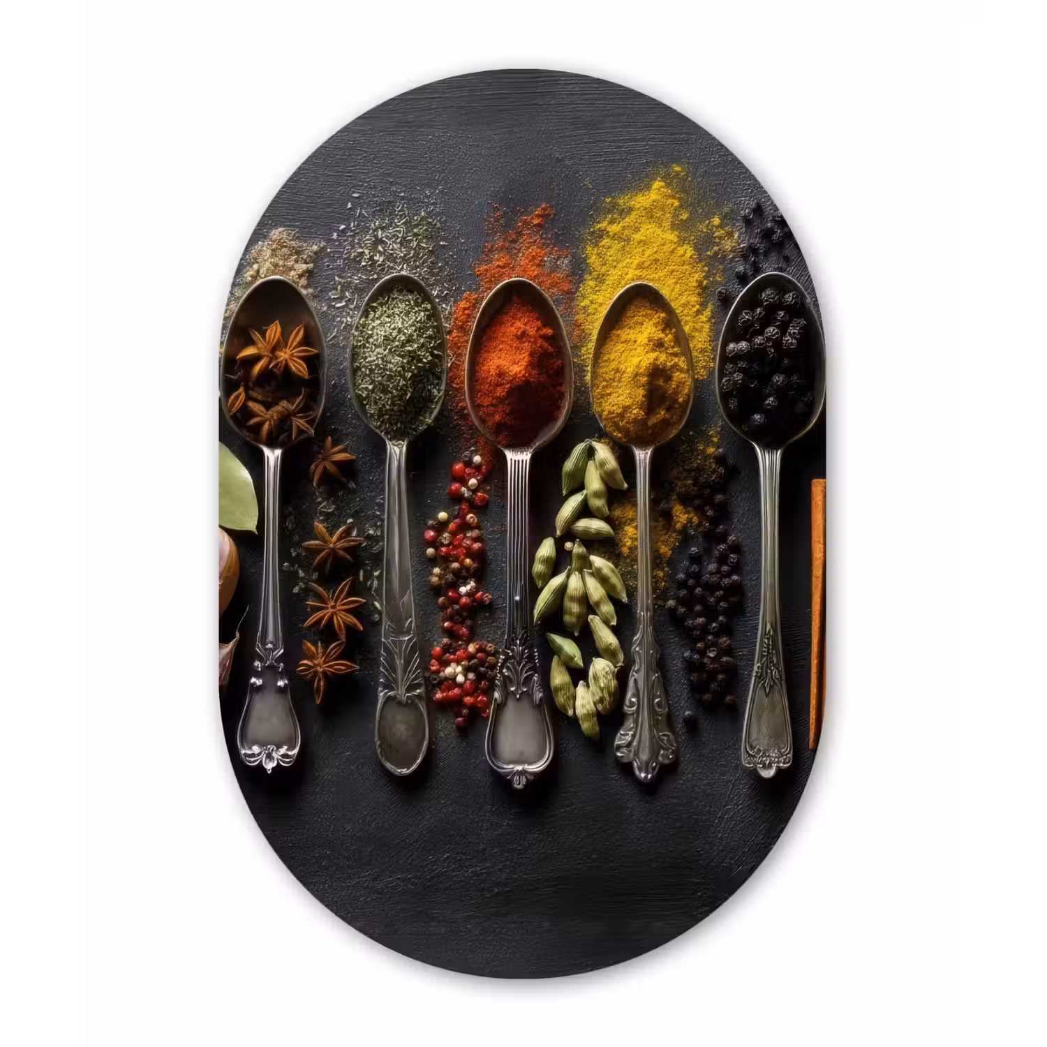 Lepels - Specerijen - Kaneel - Chili Wandcirkel Ovaal Glas middel -3d