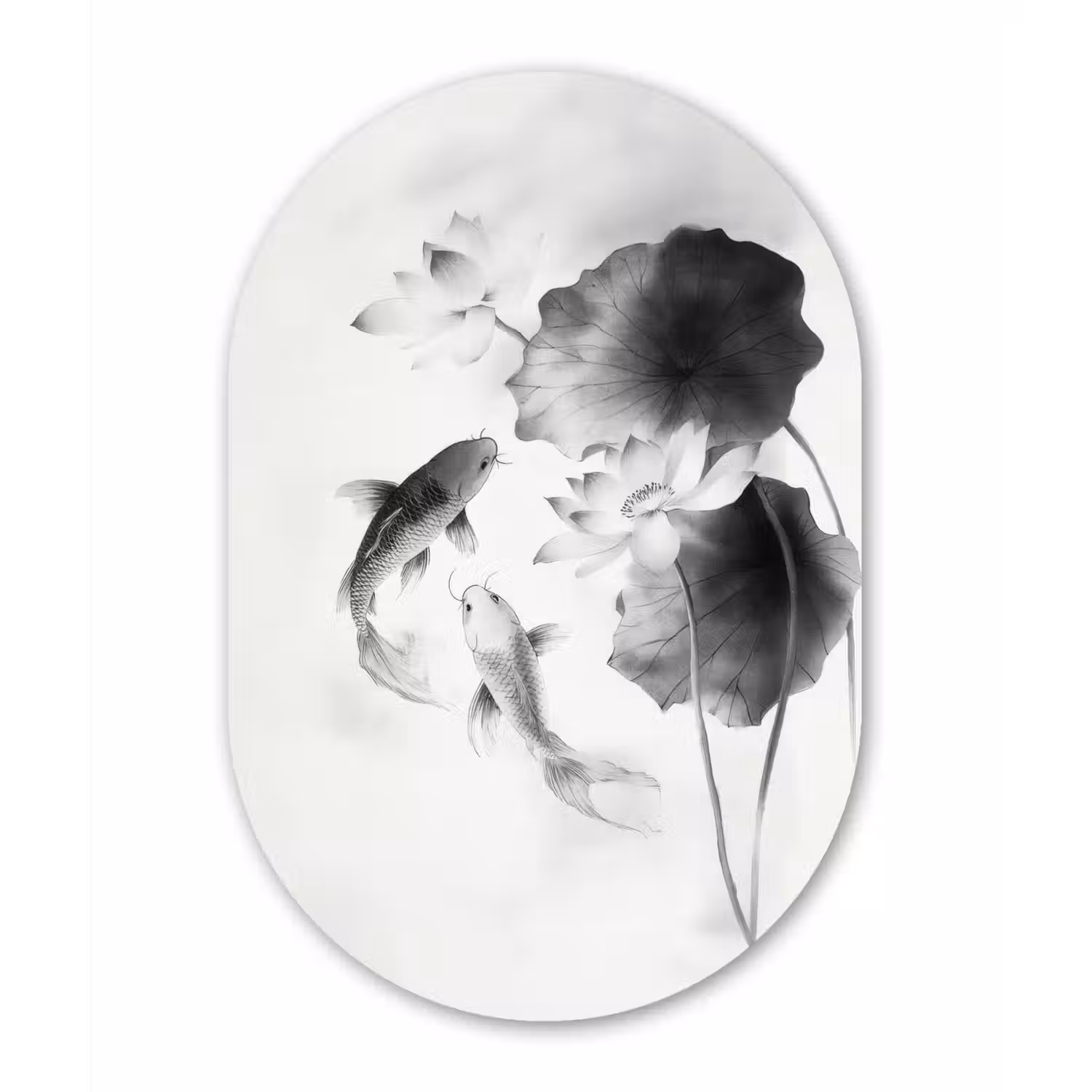 Lotusbloemen - Vissen - Bladeren - Zwart Wandcirkel Ovaal Glas middel -3d