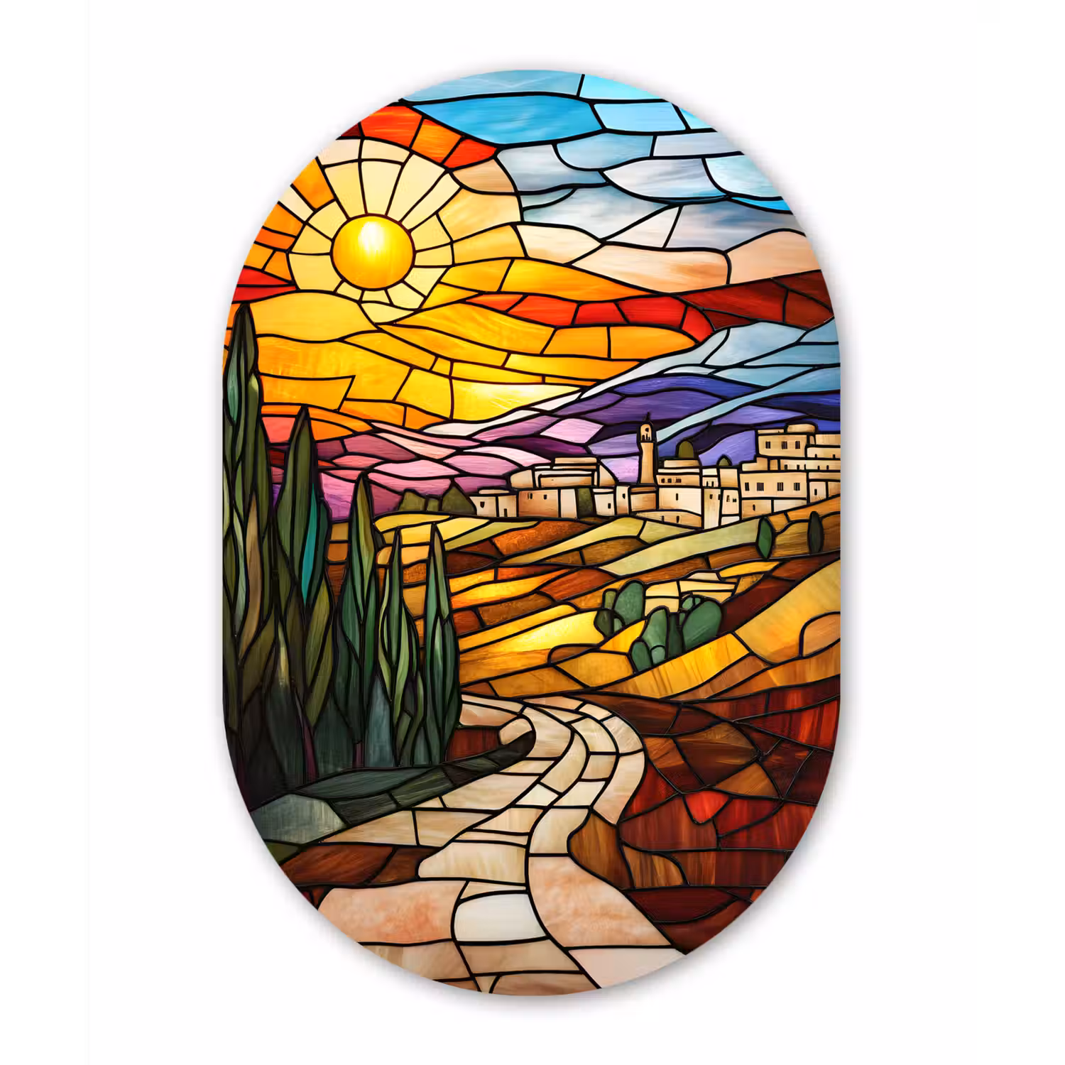 Mozaïek - Zon - Landschap - Dorp Wandcirkel Ovaal Glas middel -3d