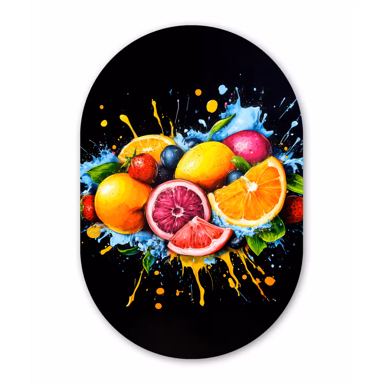 Fruit - Graffiti - Kleurrijk - Sinaasappel - Aardbei - Abstract Wandcirkel Ovaal Glas middel -3d