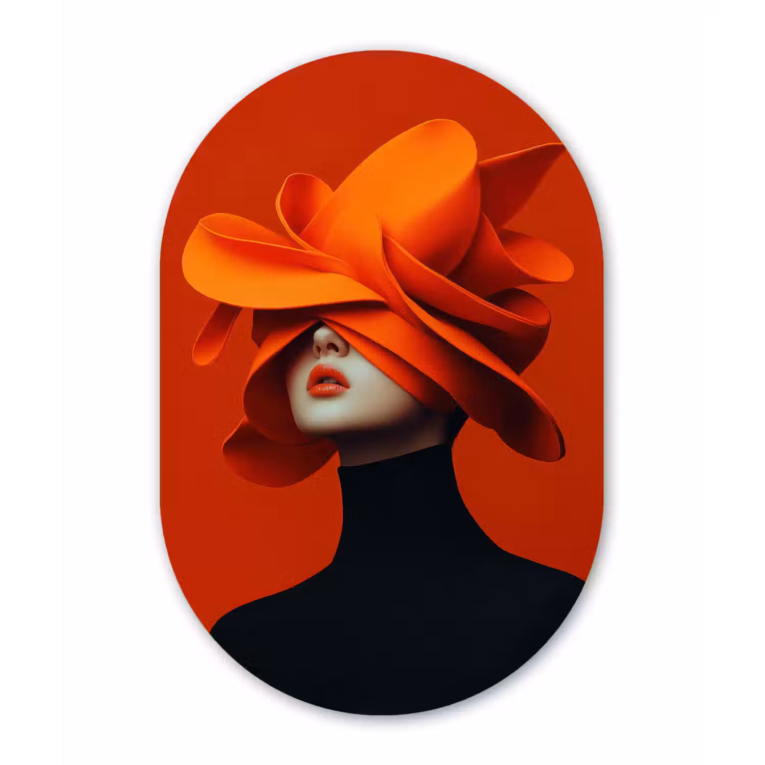 Oranje - Hoed - Vrouw Wandcirkel Ovaal Glas middel -3d