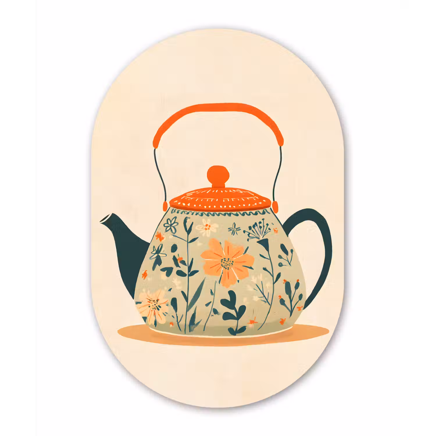 Oranje - Theepot - Bloemen - Bladeren Wandcirkel Ovaal Glas middel -3d