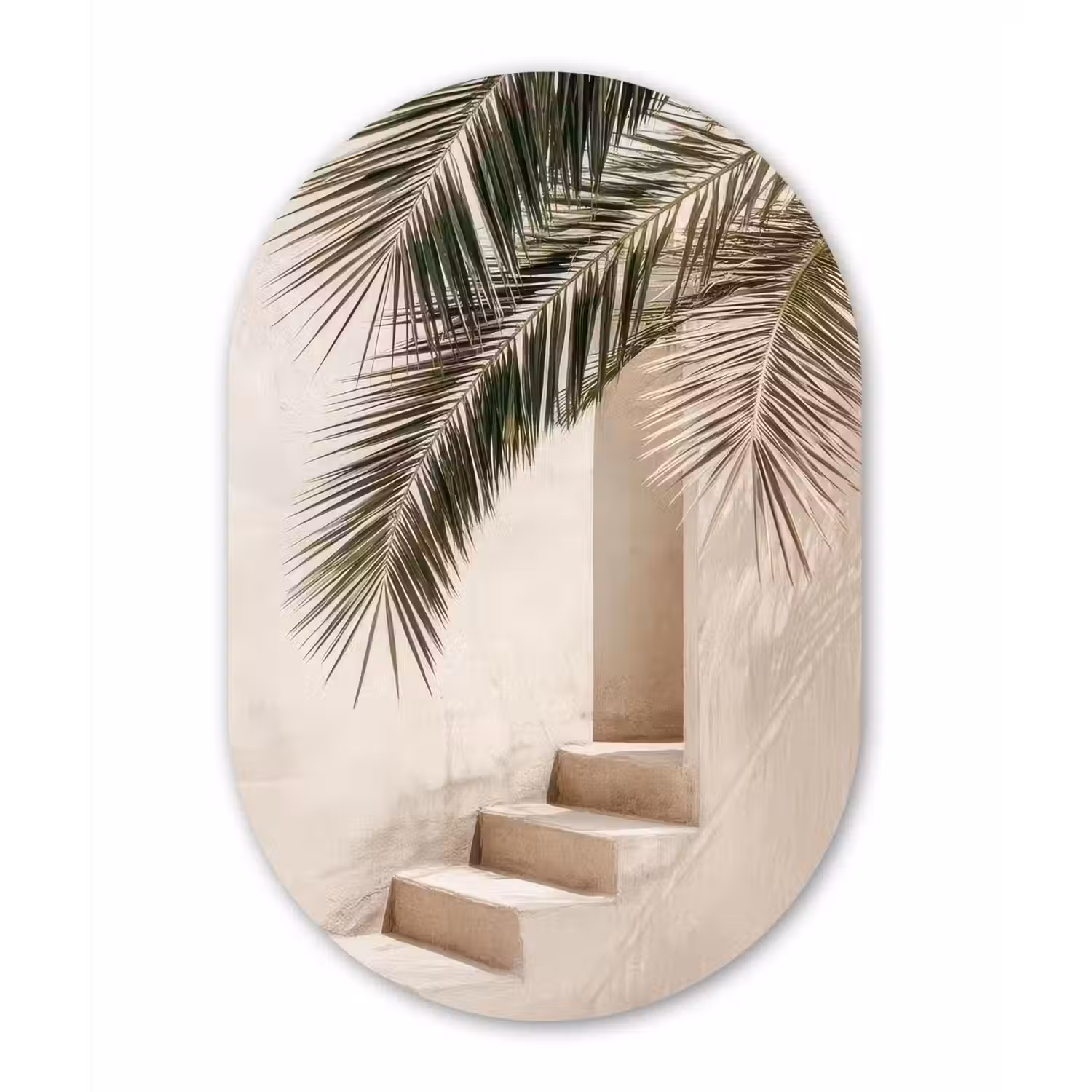 Palmboom - Schaduw - Trap - Beige Wandcirkel Ovaal Glas middel -3d
