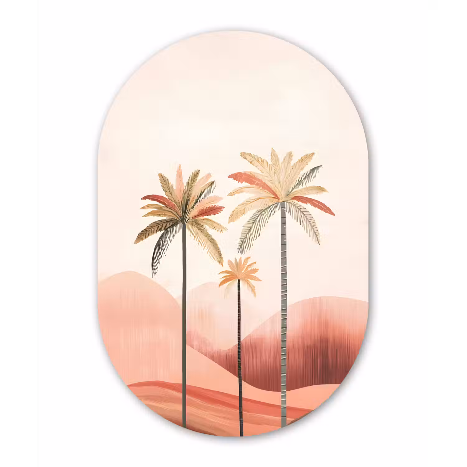 Palmbomen - Heuvels - Minimalistisch - Zachtroze Wandcirkel Ovaal Glas middel -3d