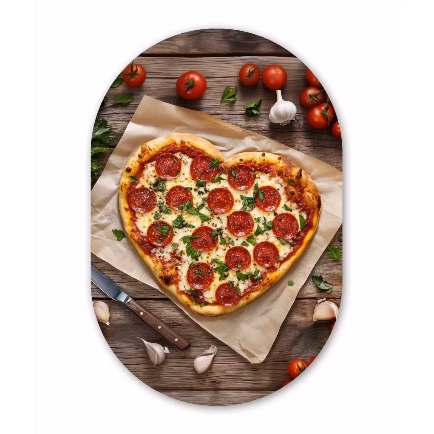 Pizza - Hart - Pepperoni - Tomaat Wandcirkel Ovaal Glas middel -3d