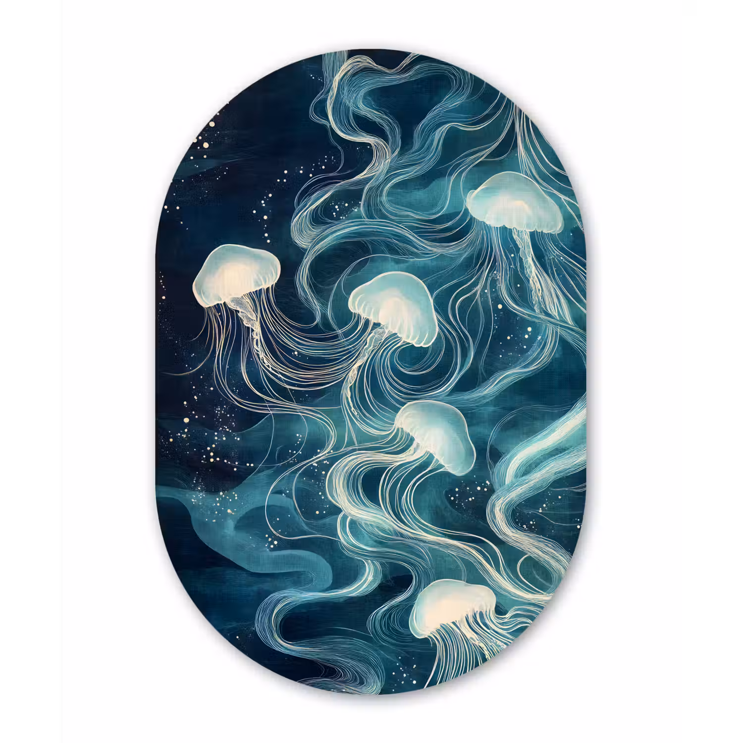 Kwallen - Zee - Wit - Golven Wandcirkel Ovaal Glas middel -3d