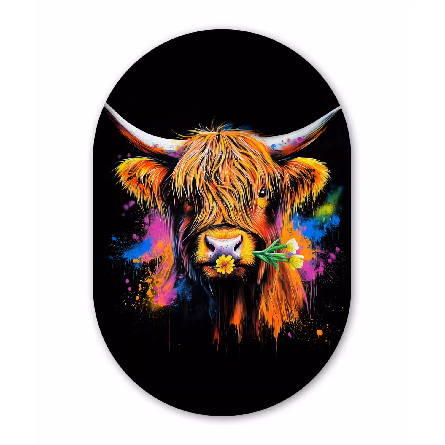Schotse Hooglander - Graffiti - Kleurrijk - Bloem - Dieren Wandcirkel Ovaal Glas middel -3d