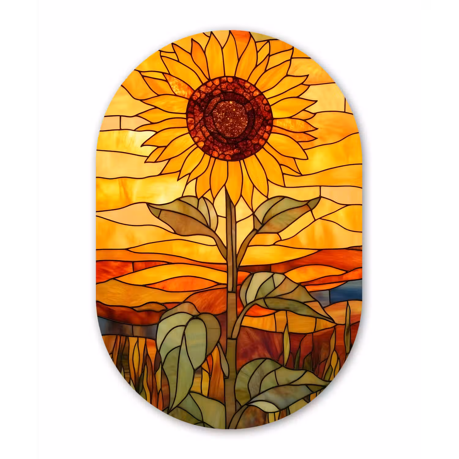 Zonnebloem - Mozaïek - Zonsondergang - Geel Wandcirkel Ovaal Glas middel -3d