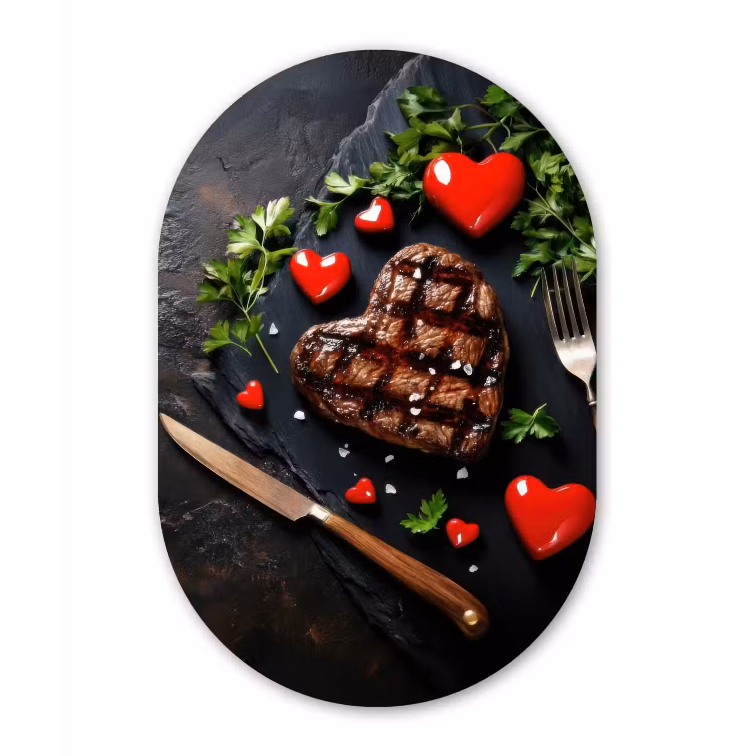 Steak - Hart - Bestek Wandcirkel Ovaal Glas middel -3d